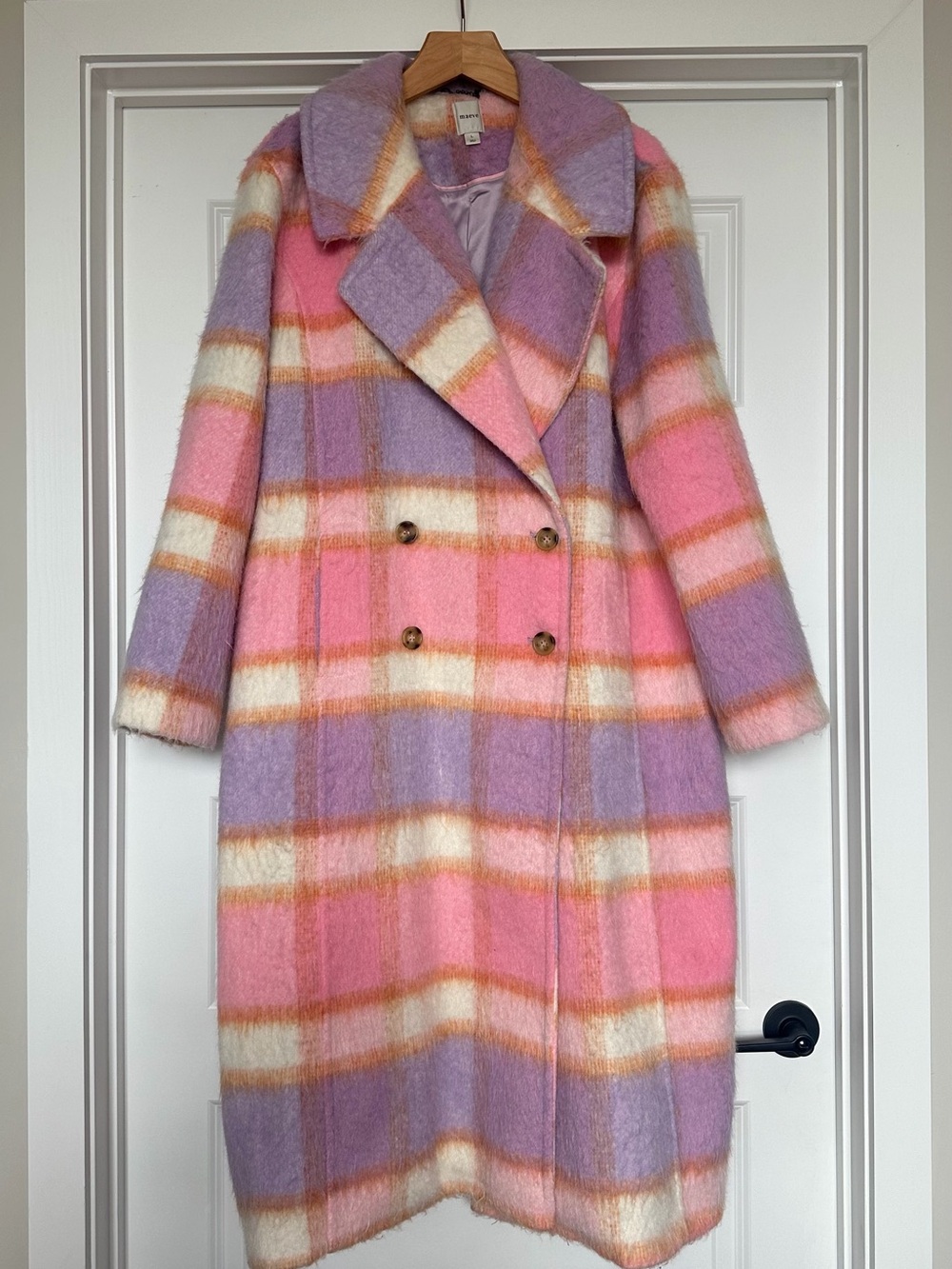 Anthropologie Maeve Pastel Plaid Long Faux Fur Peacoat Winter Coat - Large - Picture 9 of 9